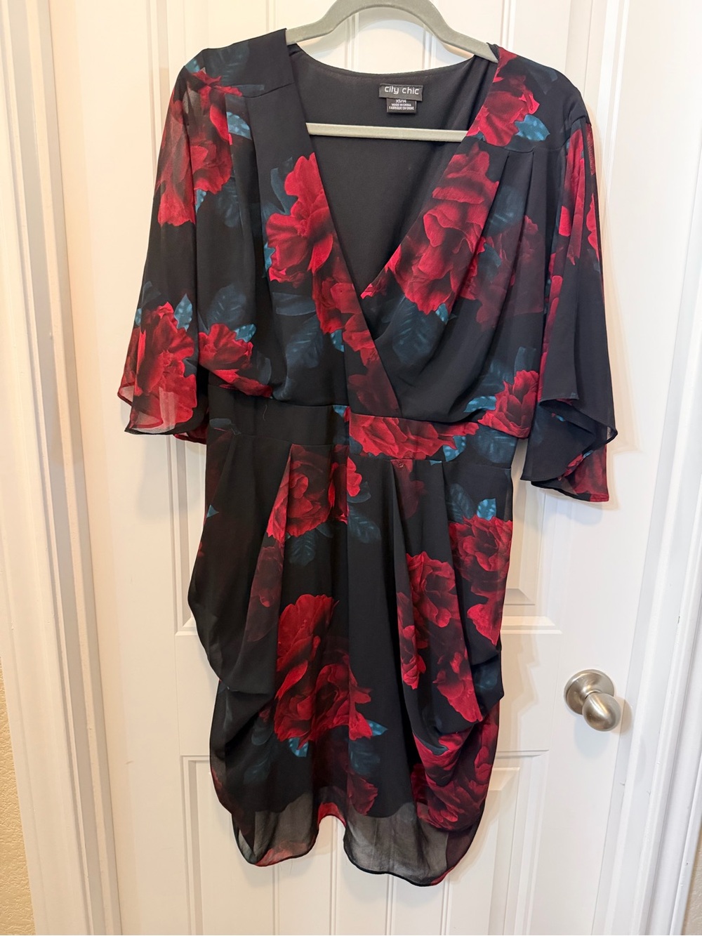 City Chic Black Dress with Red Floral and Teal Accents